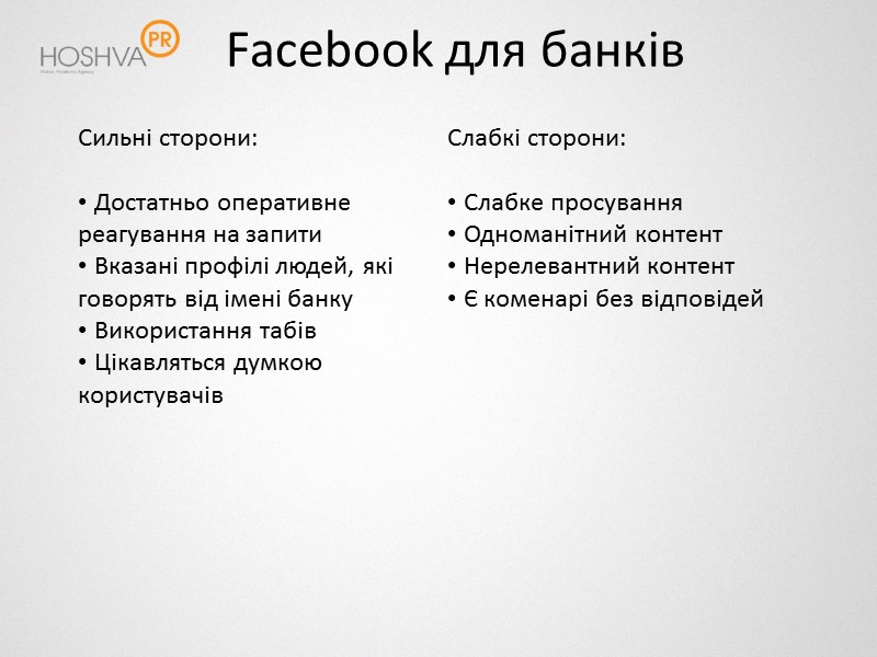 Facebook для банків Сильні сторони:   Достатньо оперативне реагування на запити  Вказані
